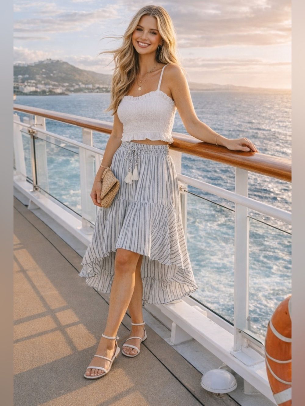 Striped High-Low Tiered Skirt in White and Gray